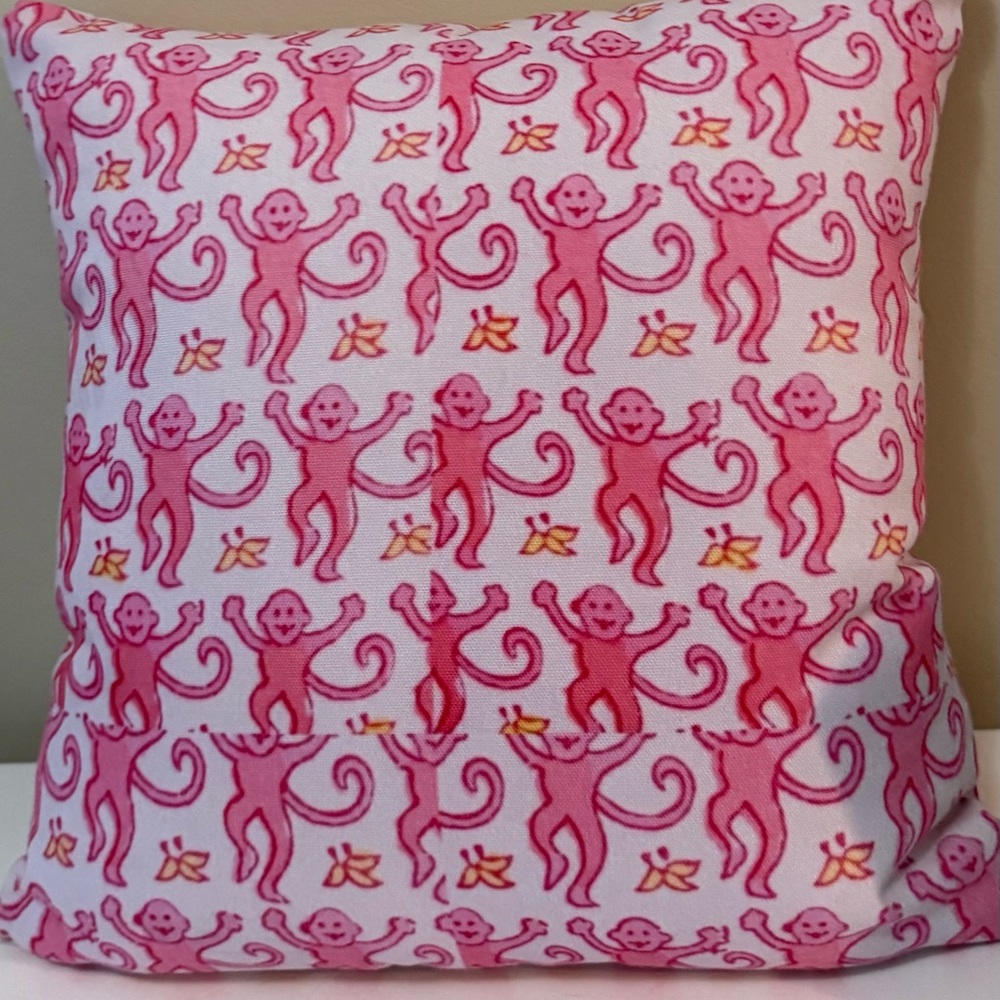 Roller Rabbit Pink Monkey Pattern Pillow